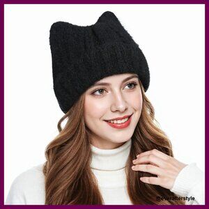 Knitted Thermal Beanie Cat Ear Design Stretchy Slouchy Winter Hat
